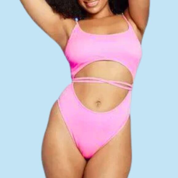WILD FABLE Hot Pink Ribbed One Piece Swimsuit Cut Out Wrap Tie XS Summer - Picture 1 of 9